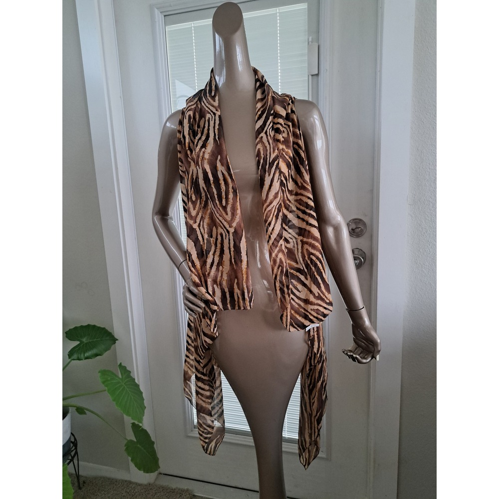 Tiger Print Sheer Chiffon Open Front Vest Brown Animal Print Sleeveless Wrap